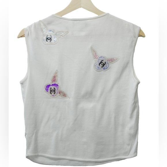 CHANEL Multicolor Camelia Flower Top  White Cotton Shirt 42 6 8 Small Medium EUC - Picture 4 of 16